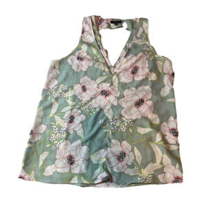 women’s green floral v neck Madison sleeveless Tank Top LG cute GUC polyester